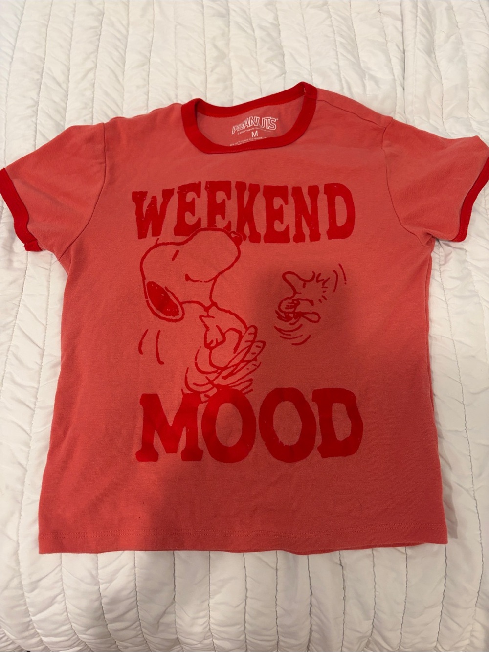 Peanuts Red Ringer Tee with 'Weekend Mood' Snoopy Graphic